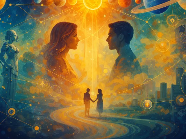 February 2026 newsletter illustration: The month closes with opportunities to integrate. Sun conjunct the North Node on February 27 gives a last nudge toward purposeful self‑defin
