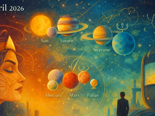 April 2026 newsletter illustration: April arrives as a month of concentrated focus and sharpening tension. The sky begins with multiple stelliums on the first: the Sun together