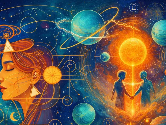 May 2026 newsletter illustration: Toward the end of the month the tone becomes more electric and liberating as Sun and Uranus come together and Neptune aligns with Vesta. Lat