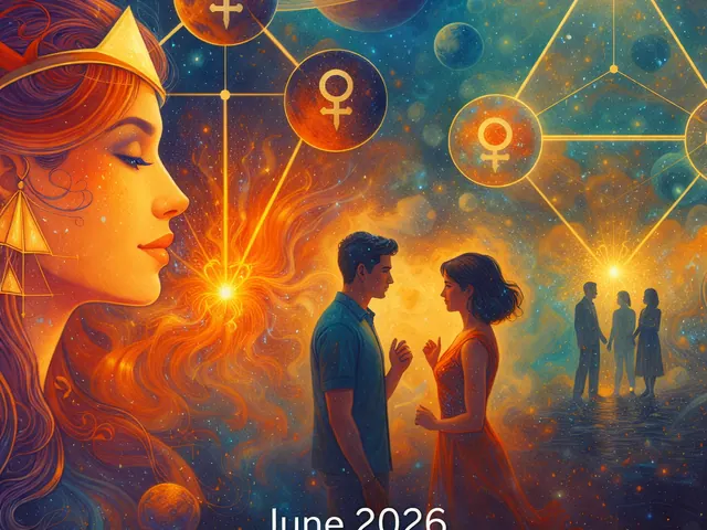 June 2026 newsletter illustration: Communication and action meet a pointed, fated sensitivity in the yod pattern involving Mercury, Mars and Lilith on June 13; this formation