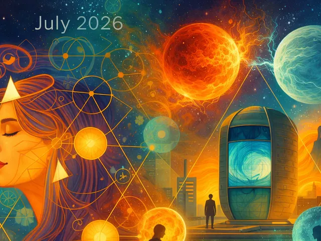 July 2026 newsletter illustration: Practically, use the early grand trines and the Saturn‑Pallas‑Vesta stellium to build durable plans that can withstand mid‑month agitation.