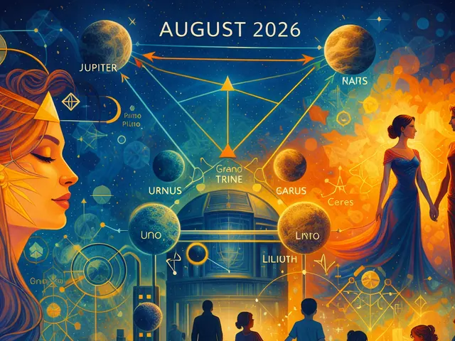 August 2026 newsletter illustration: The month opens with a charged field of friction and potential: several T‑squares at the start of August—anchored by Jupiter, Pluto and Chir