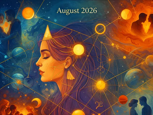 August 2026 newsletter illustration: Matters of the heart and values are repeatedly tested. Venus forms oppositions to Neptune and Saturn and later to Pallas, and is threaded th