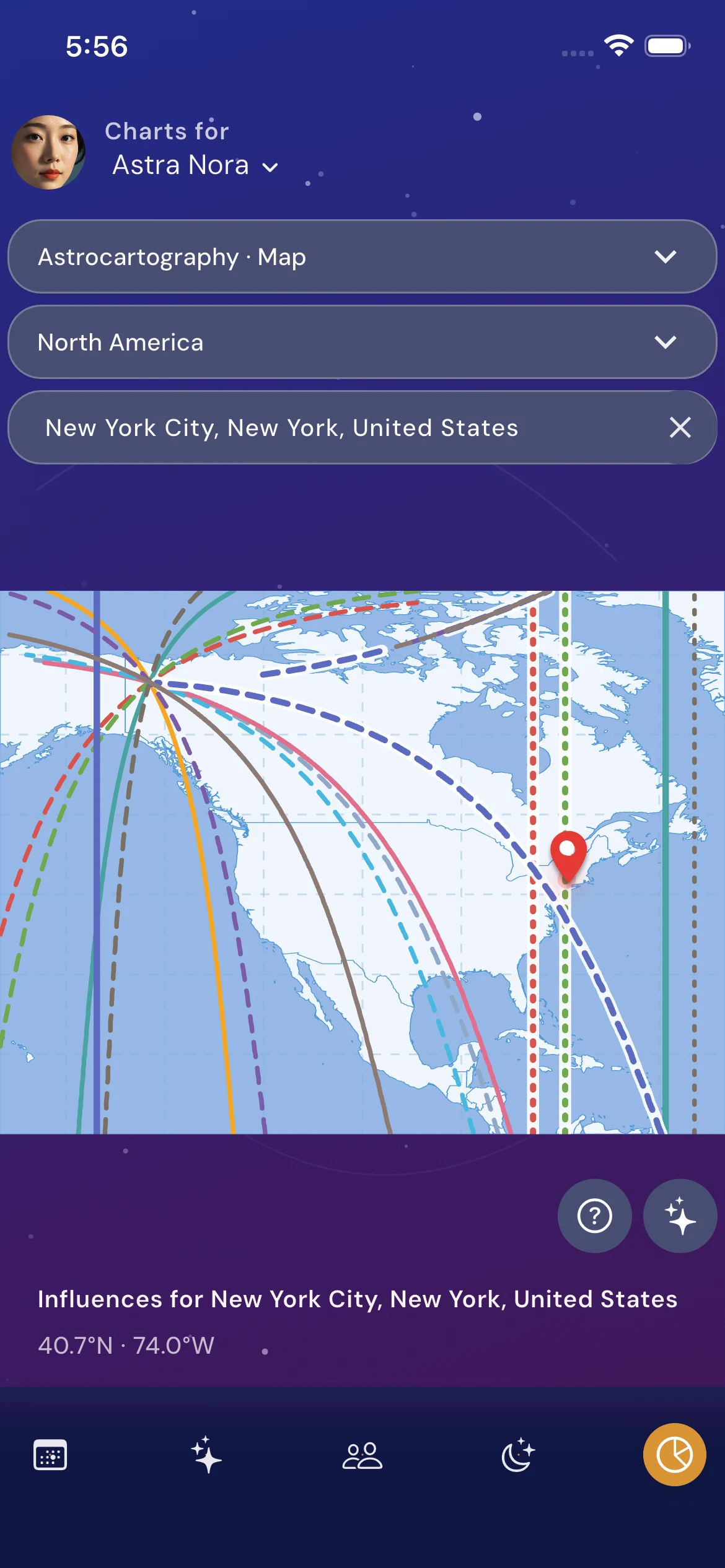 Astrocartography map for New York City in Astra Nora