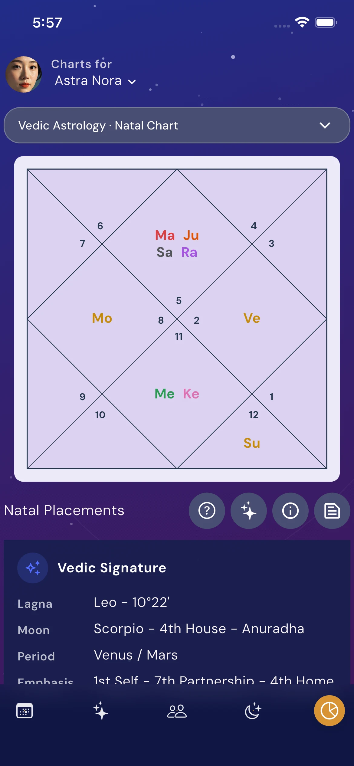 Vedic natal chart view in Astra Nora